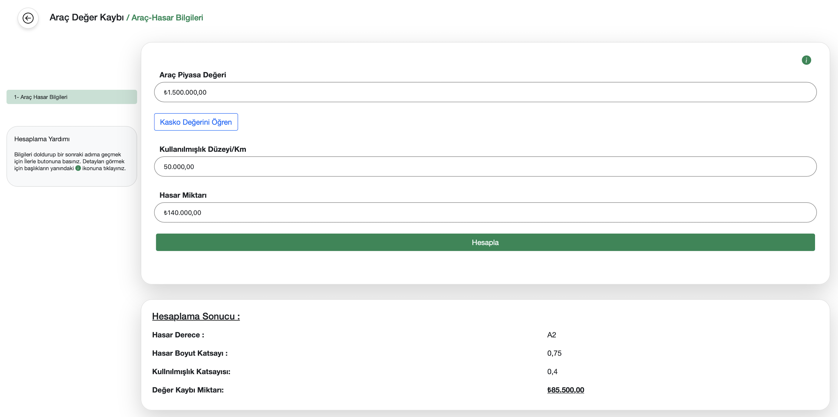 Araç değer kaybı ekranı