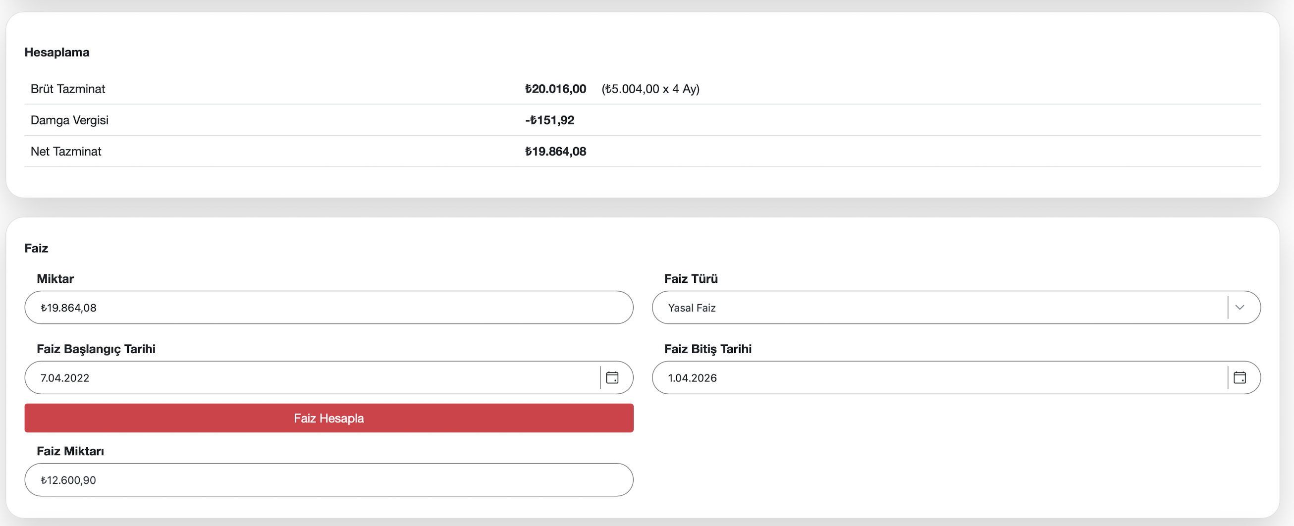 Ayrımcılık tazminatı sonuç ekranı
