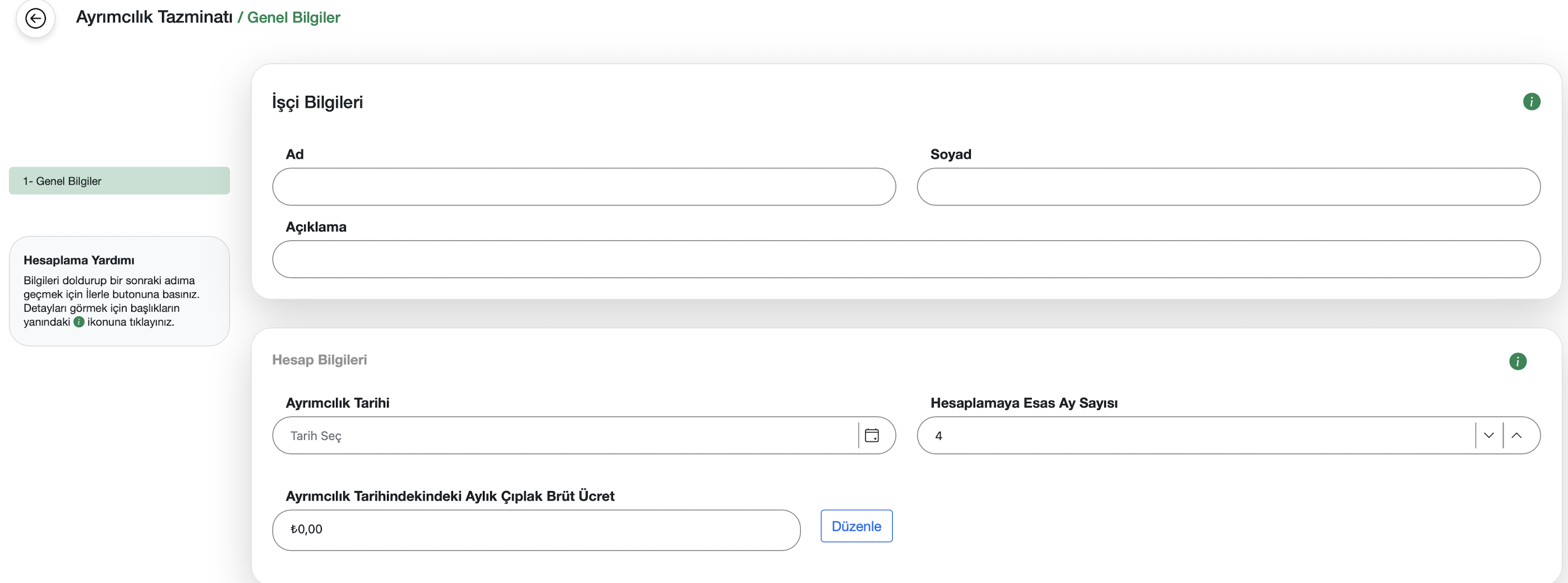 Ayrımcılık tazminatı genel bilgiler ekranı