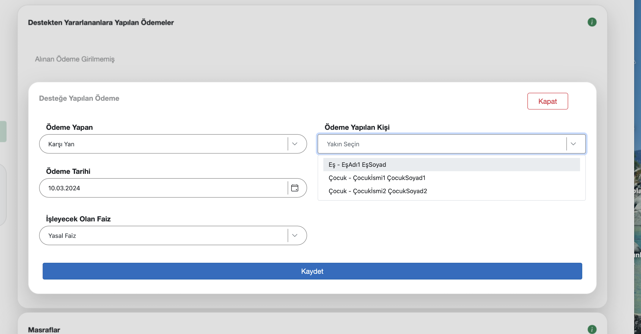 Ödeme kayıtları ekranı