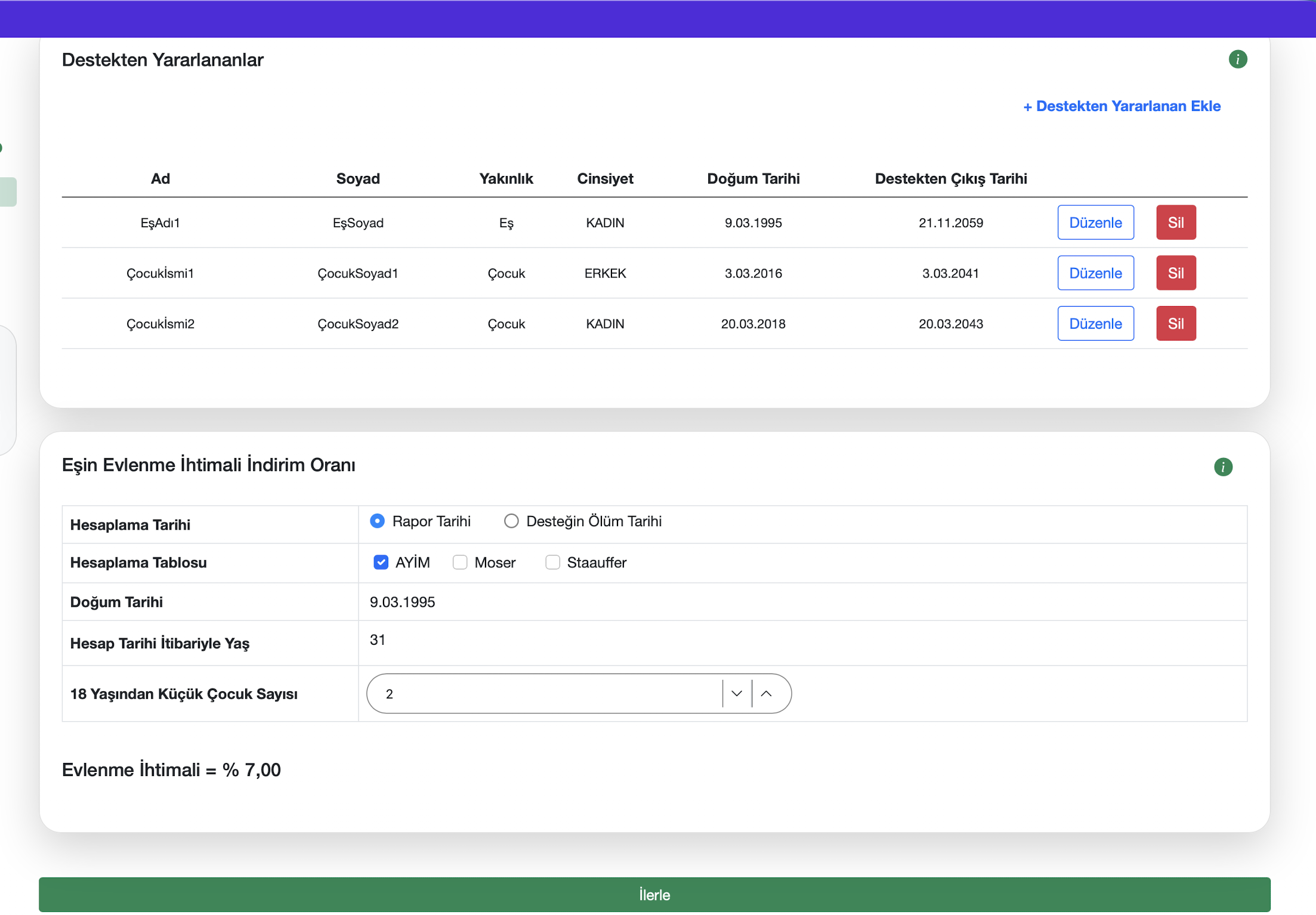 Destekten yararlananlar listesi ekranı