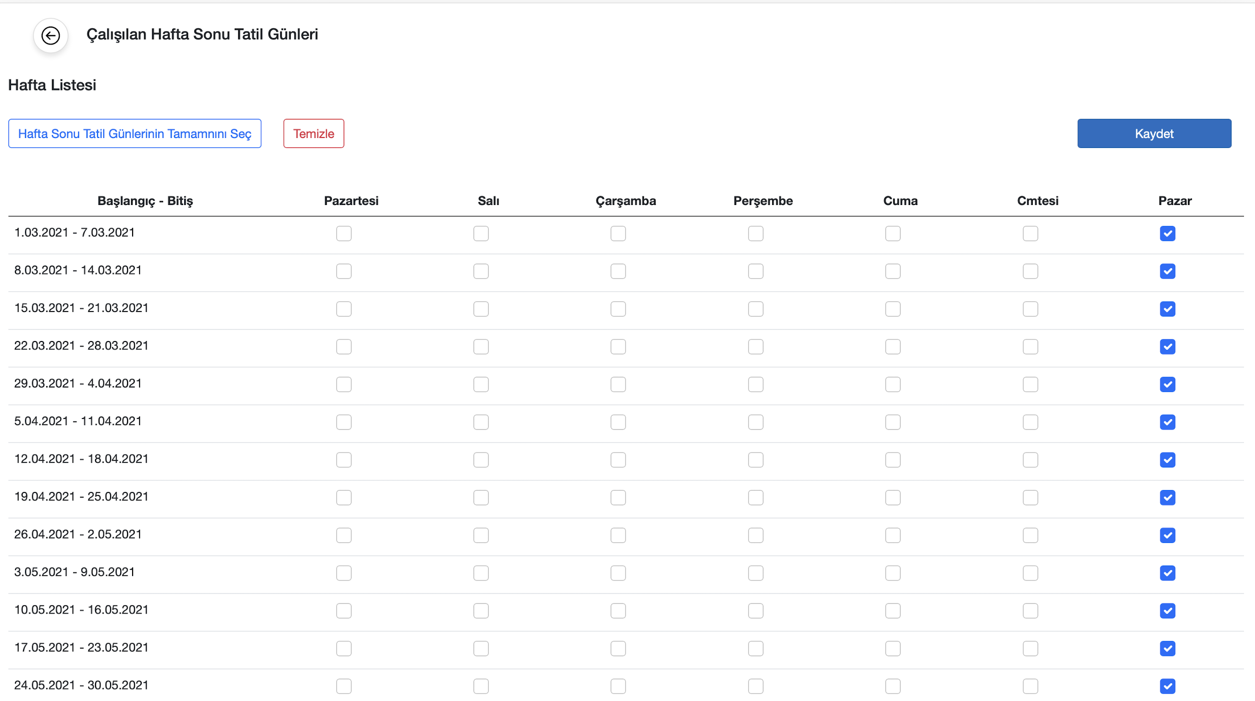 Hafta tatili çalışma ekranı