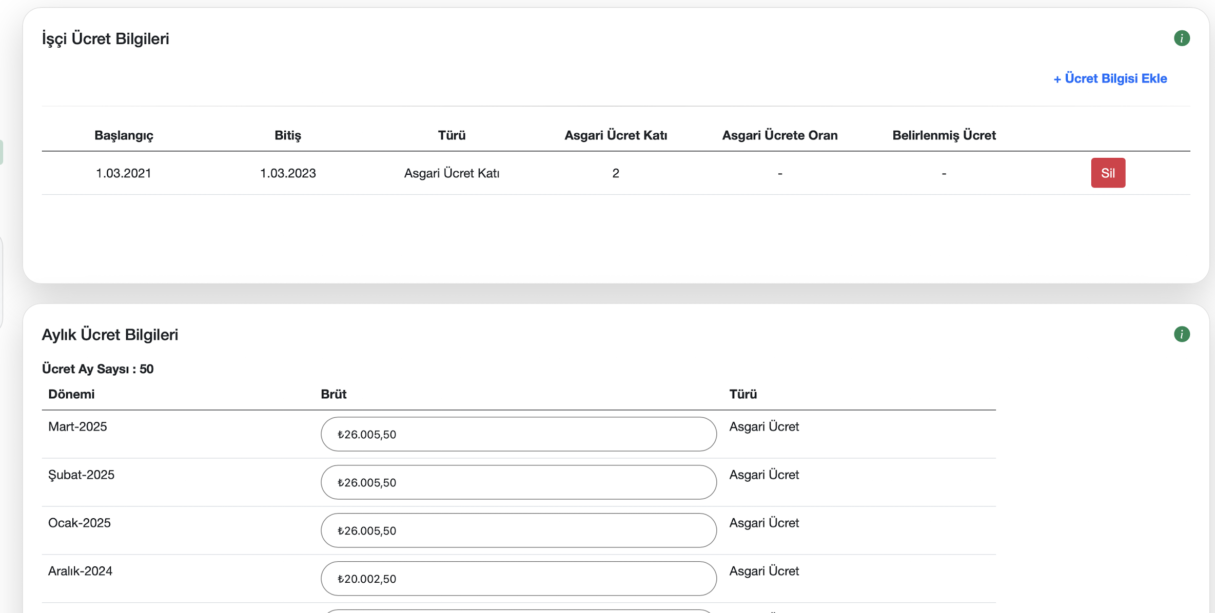 Ücret bilgileri ekranı