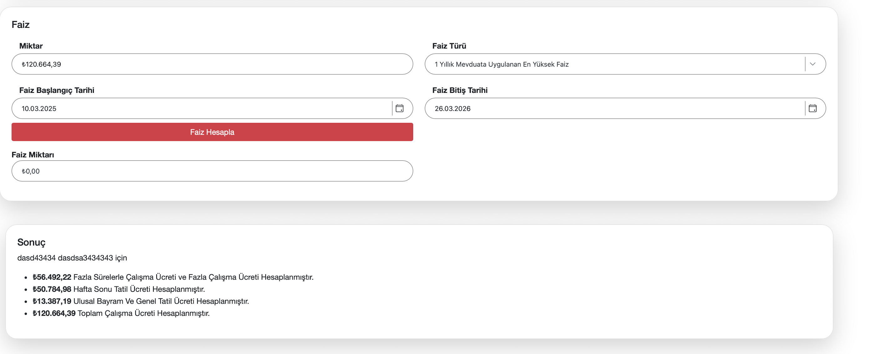 Faiz ve sonuç ekranı