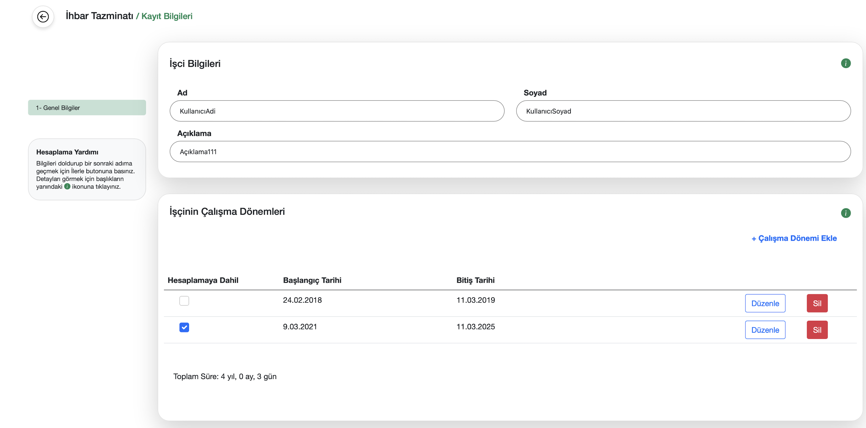 İhbar tazminatı genel bilgiler ekranı
