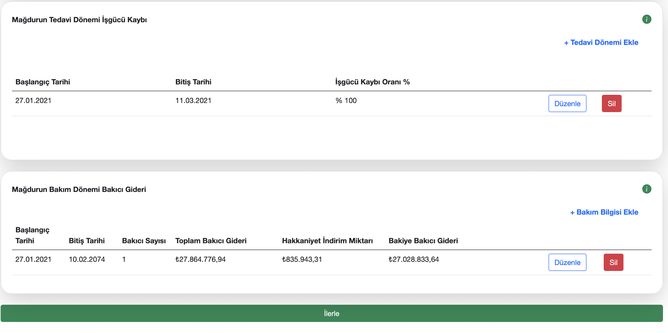 İşgücü kaybı ve bakıcı gideri listesi ekranı