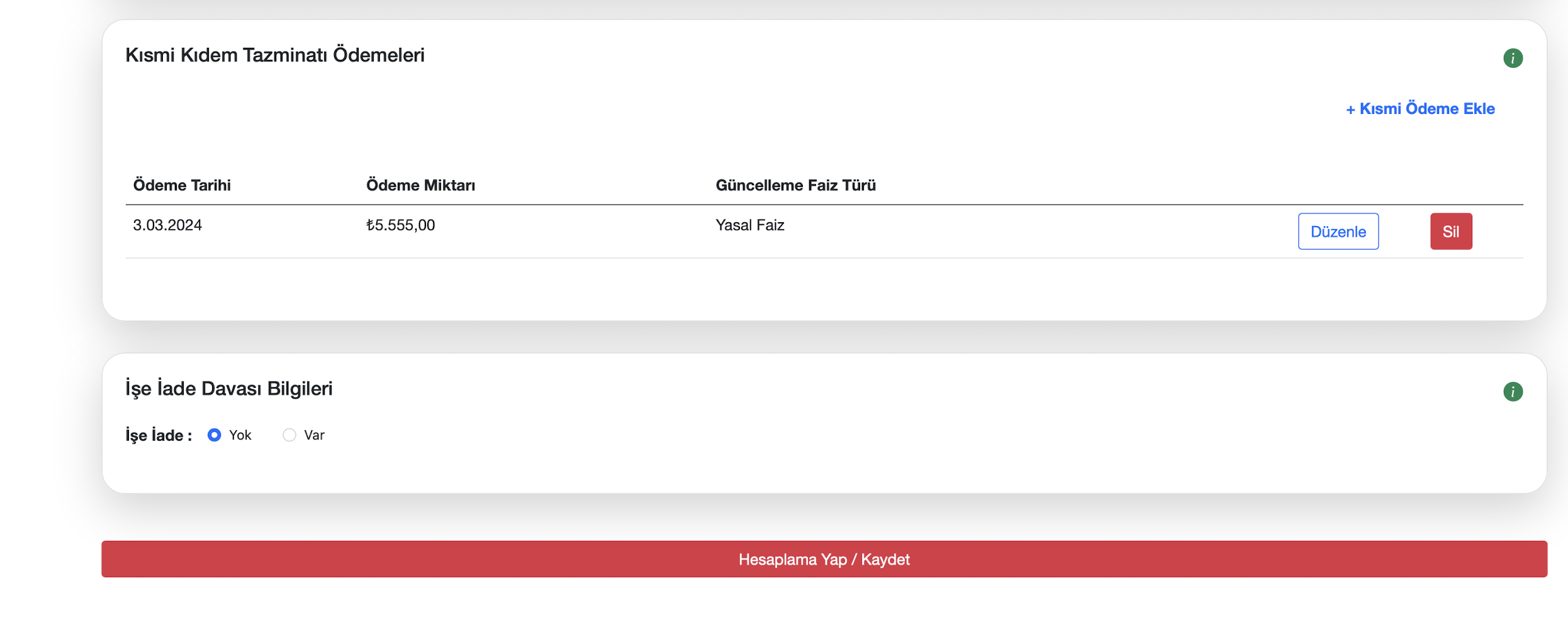 Kıdem tazminatı ek bilgiler ekranı