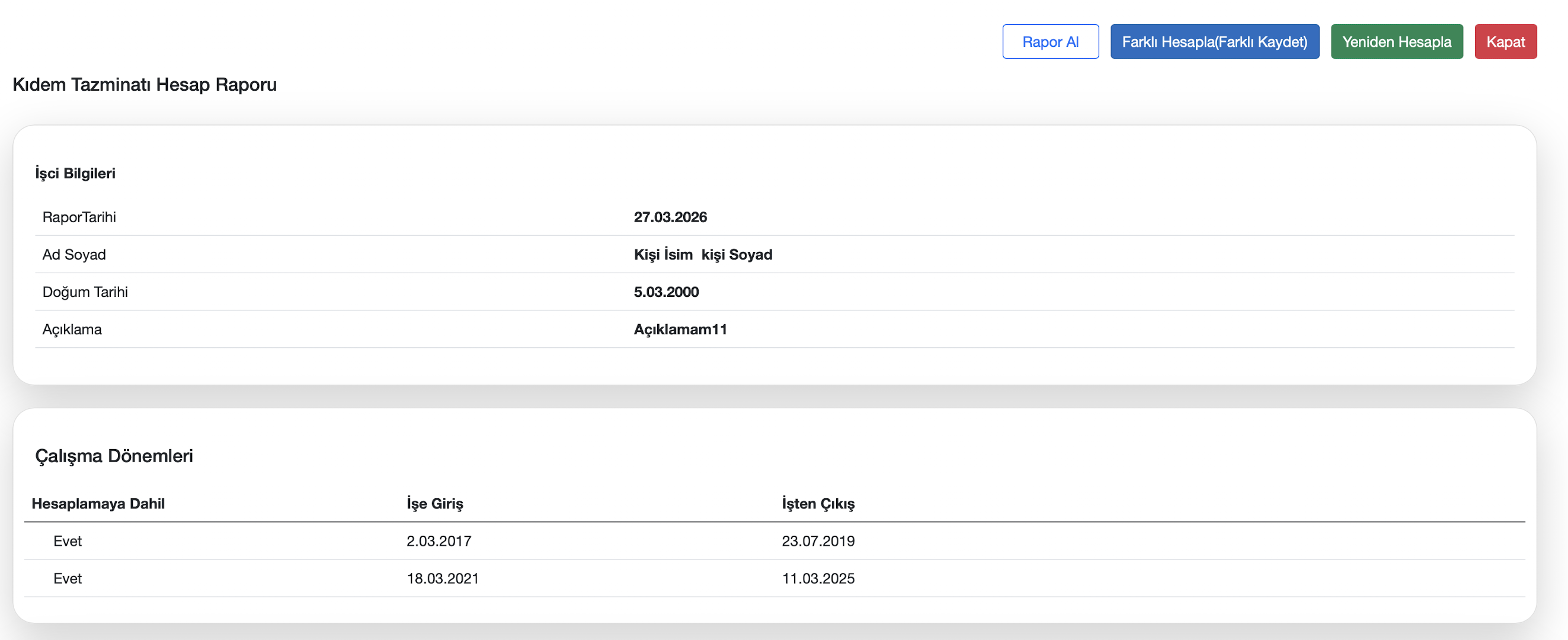 Kıdem tazminatı çalışma süresi ekranı