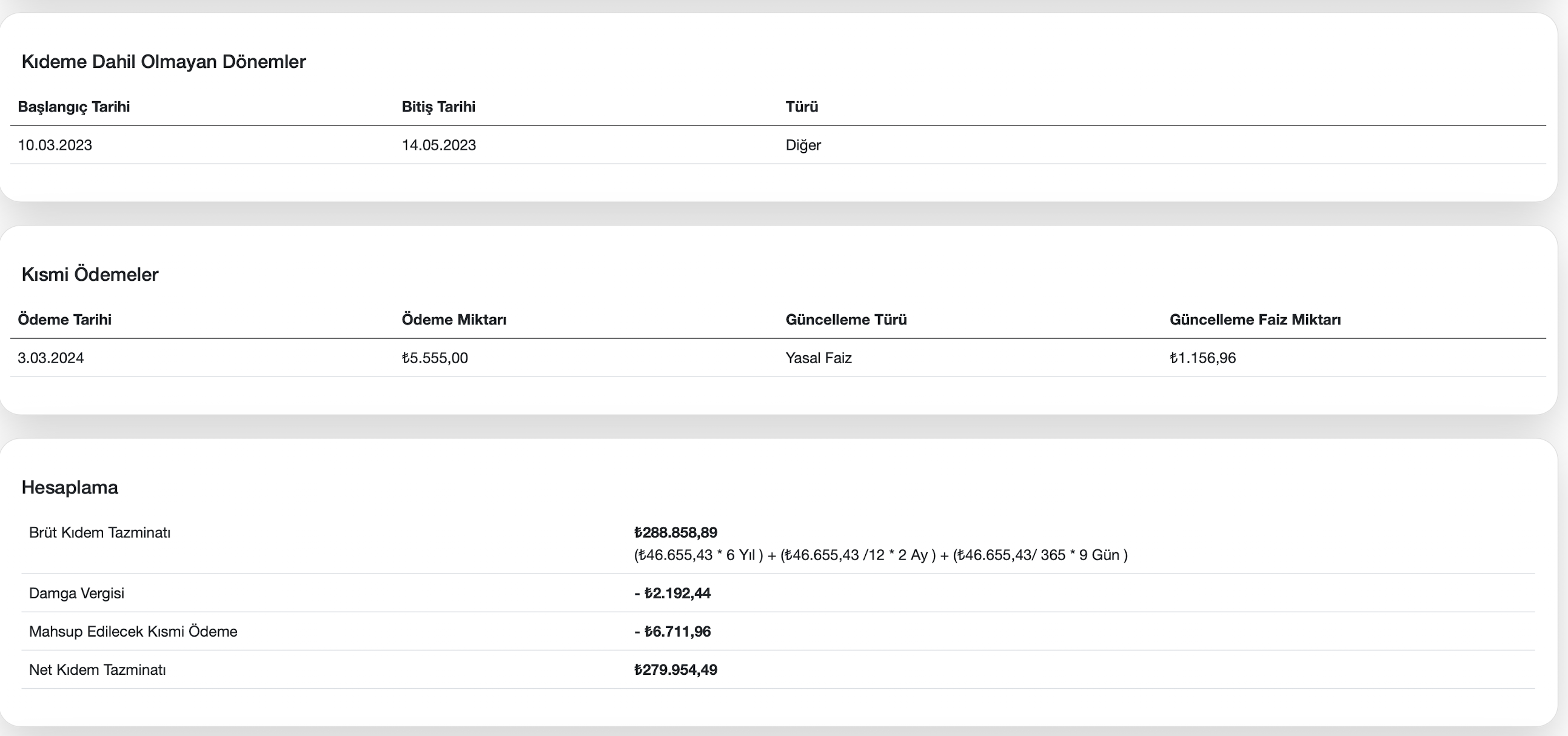 Kıdem tazminatı sonuç ekranı