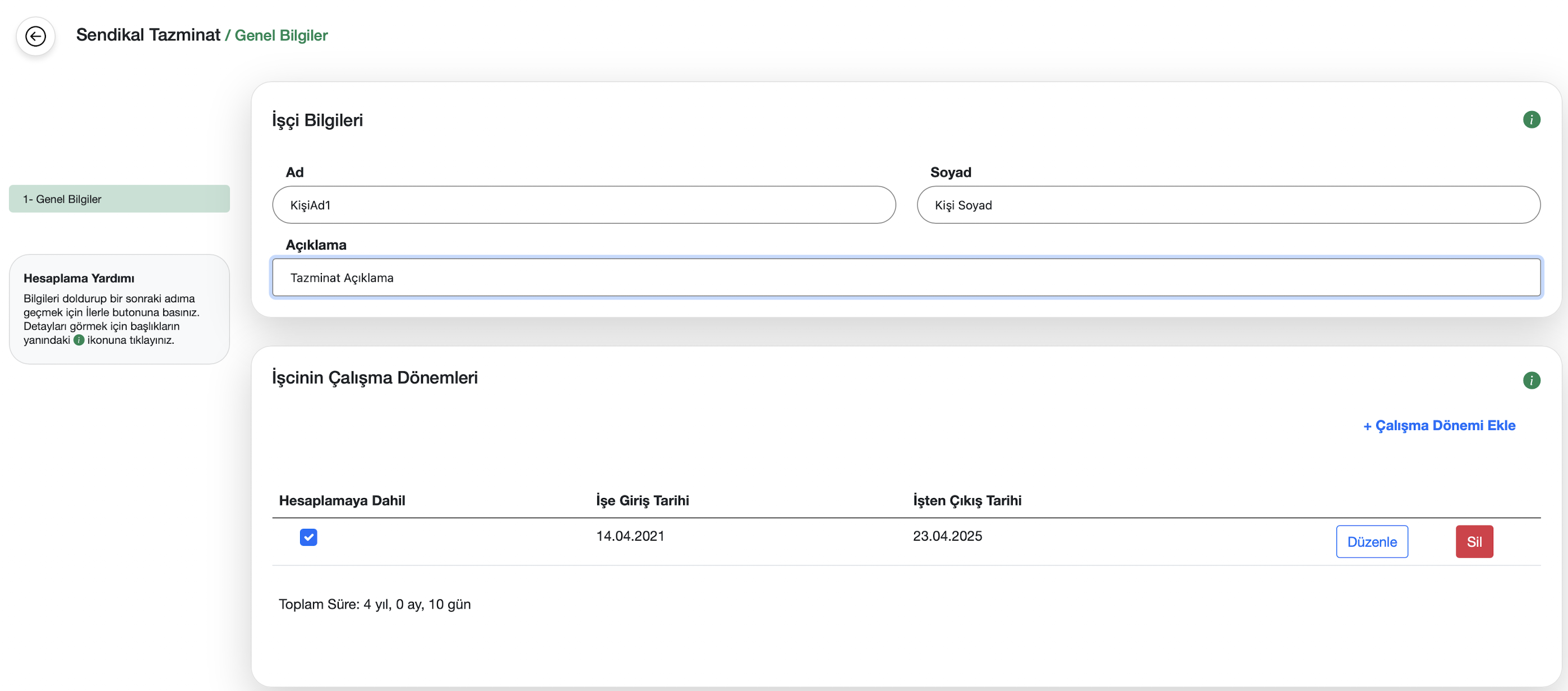 Sendikal tazminat genel bilgiler ekranı