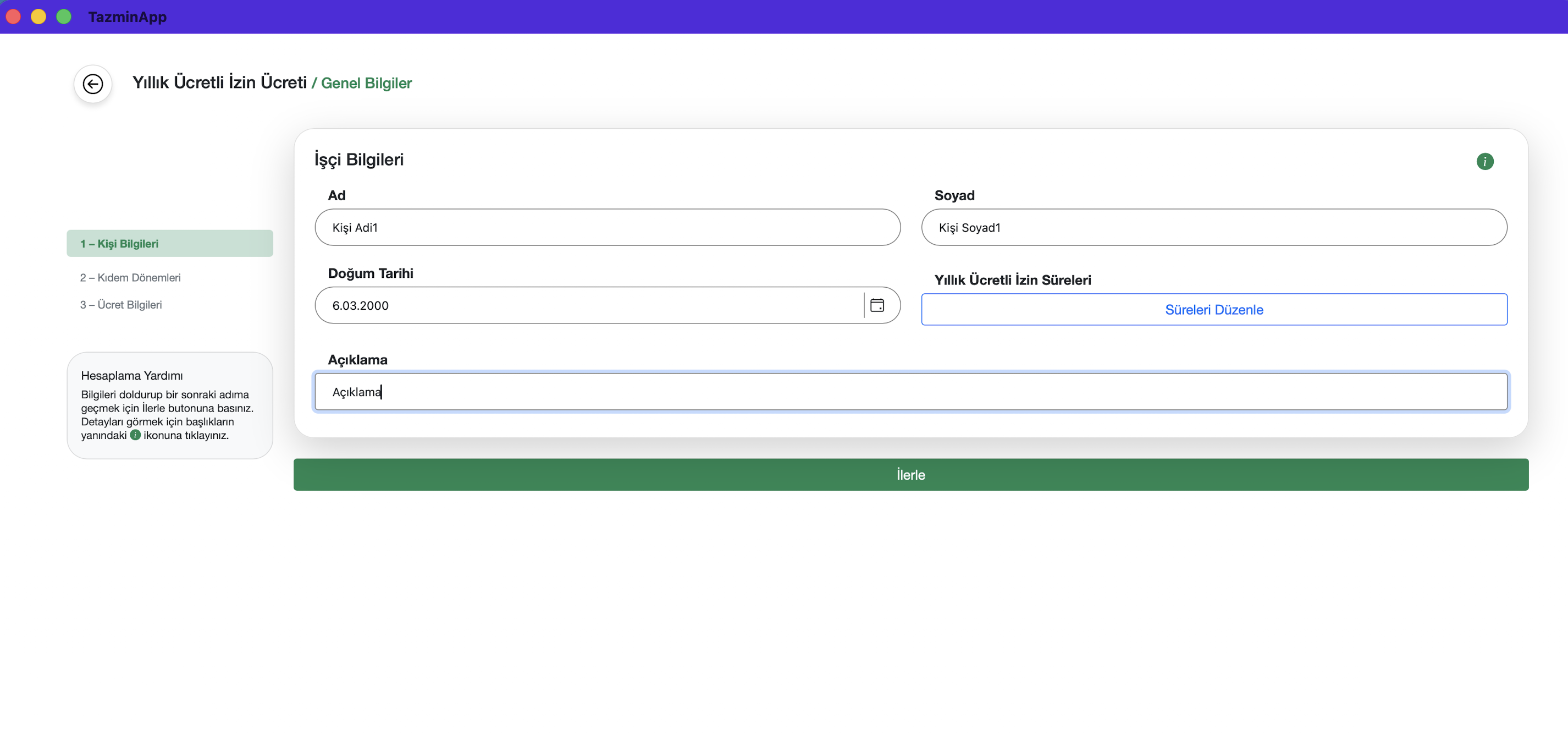 Genel bilgiler ekranı
