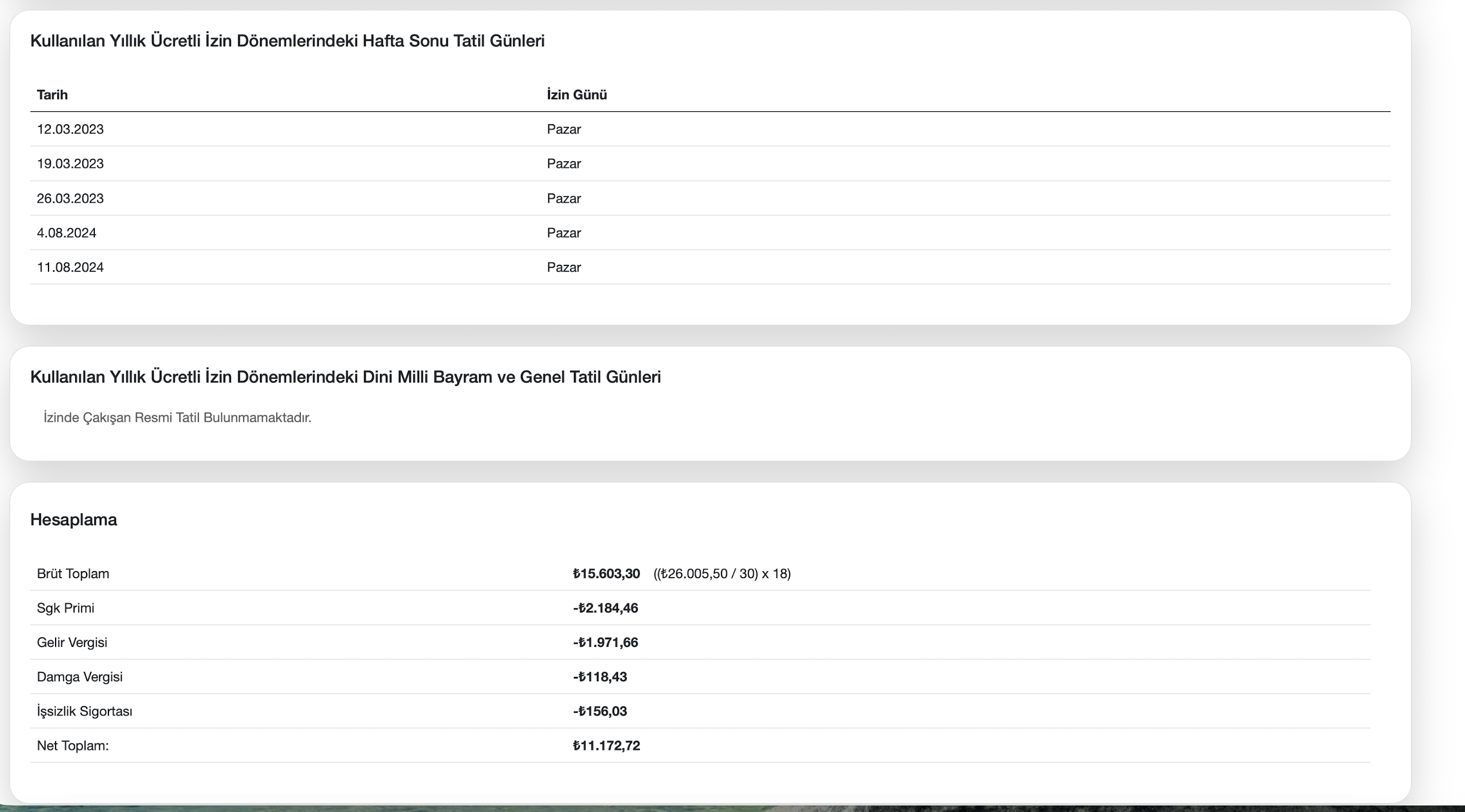 Net hesap sonucu ekranı