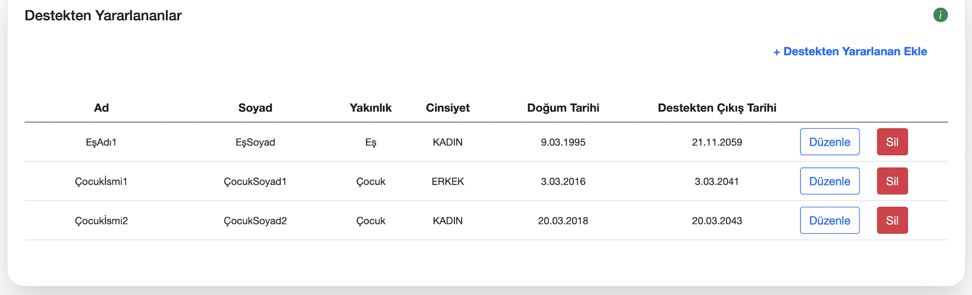 Destekten yararlananlar ekranı
