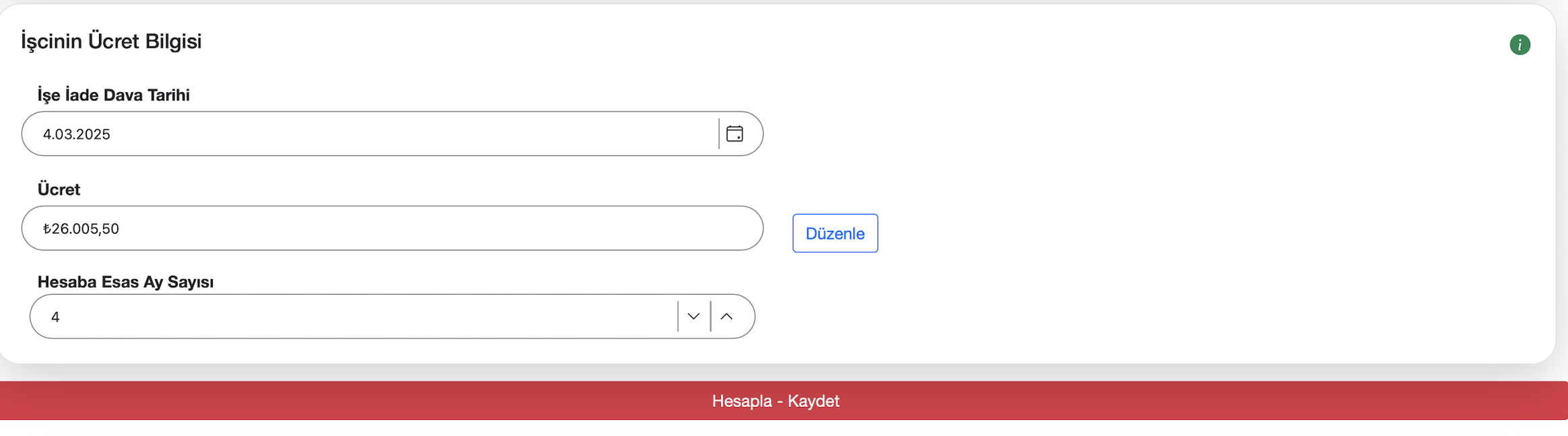 İşçinin ücret bilgileri ekranı