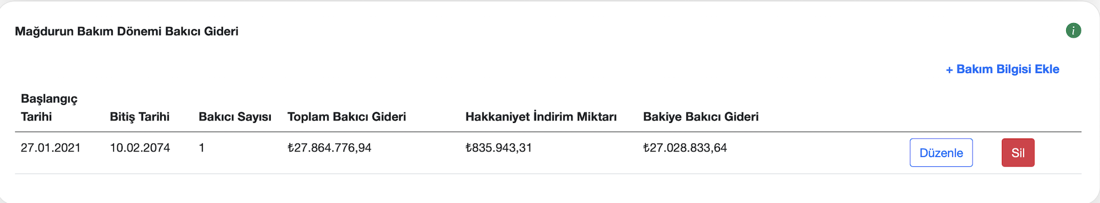 Mağdurun bakım dönemi bakıcı gideri ekranı