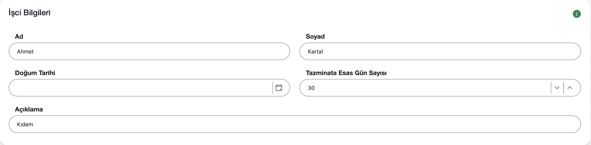 Kıdem tazminatı işçi bilgileri ekranı