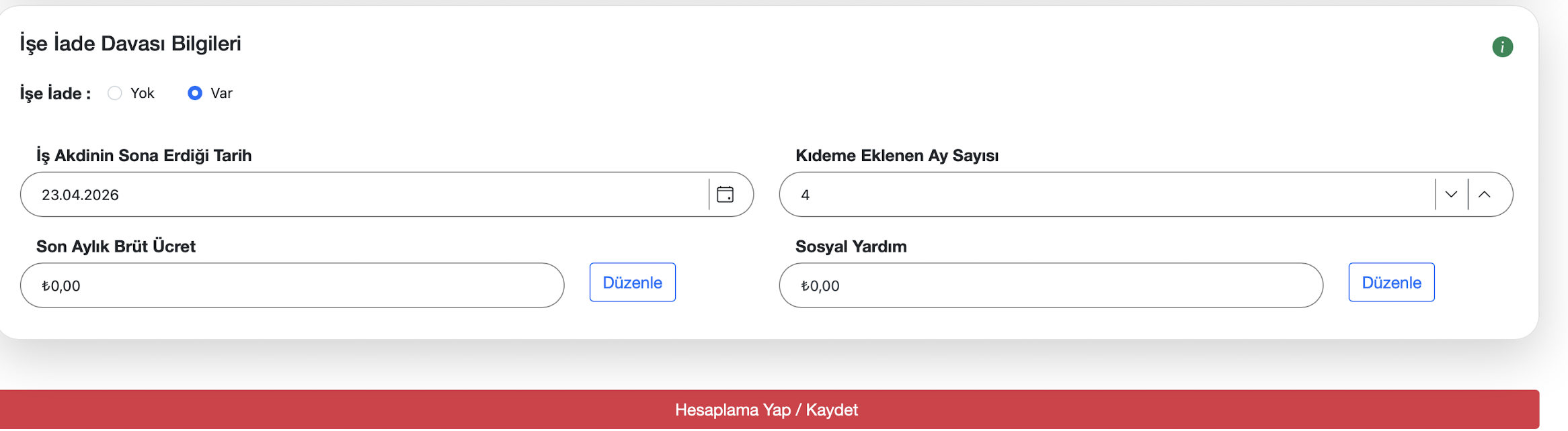 İşe iade davası bilgileri ekranı